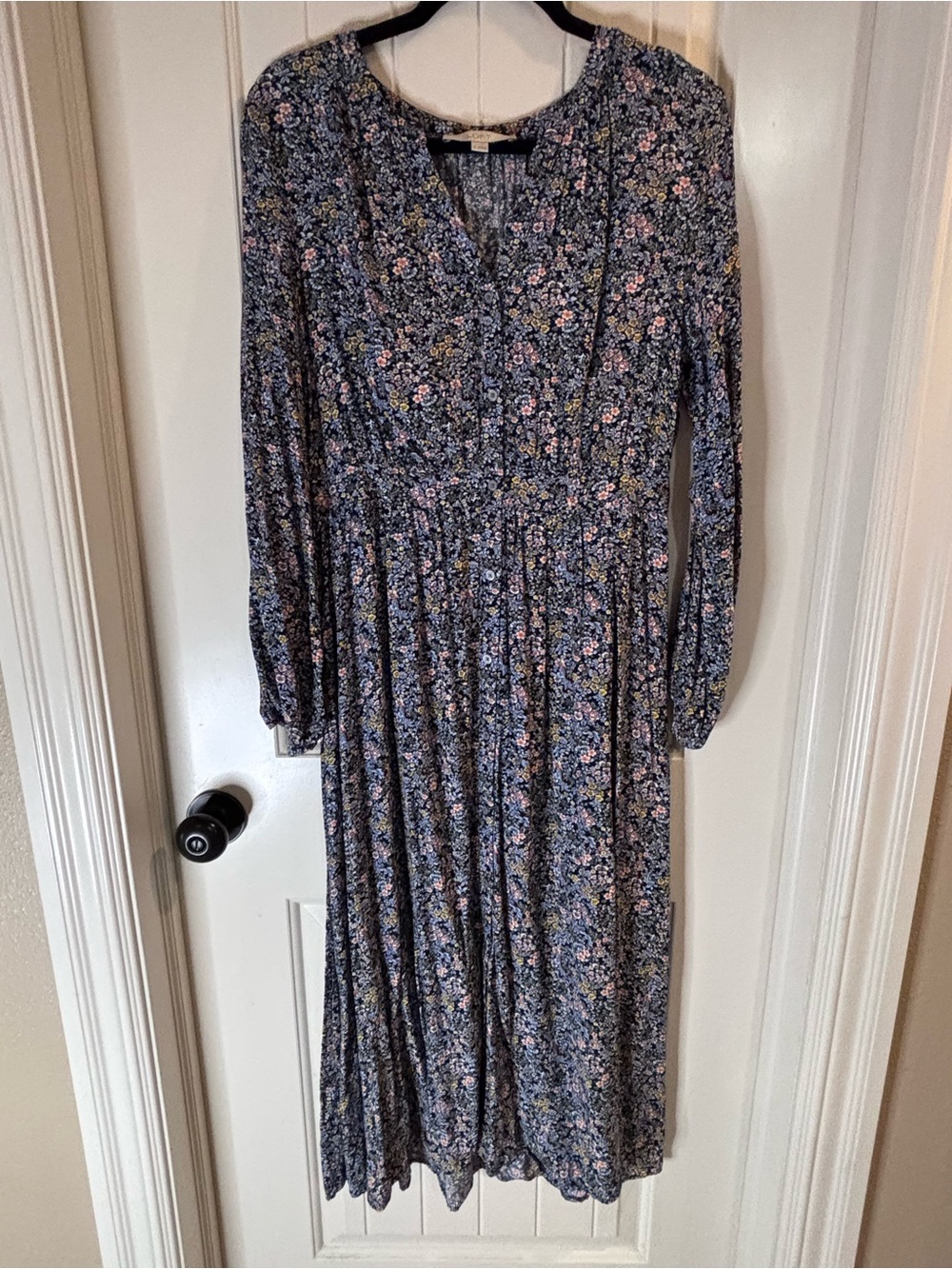 LOFT Navy Blue Floral Long-Sleeve Smocked-Waist Midi Dress